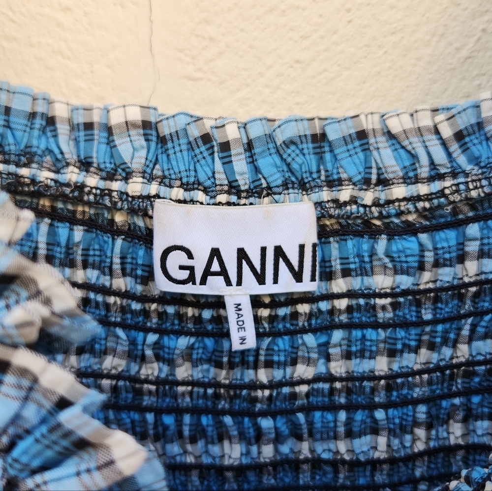 GANNI Seersucker Check Smock Midi Dress - Azure Blue - Picture 5 of 10